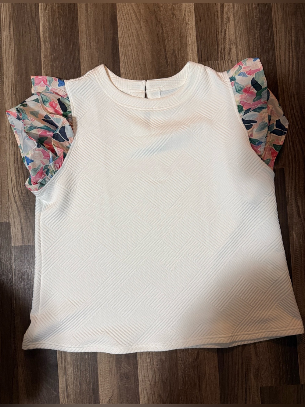 Women’s White Textured Top with Floral Sleeves